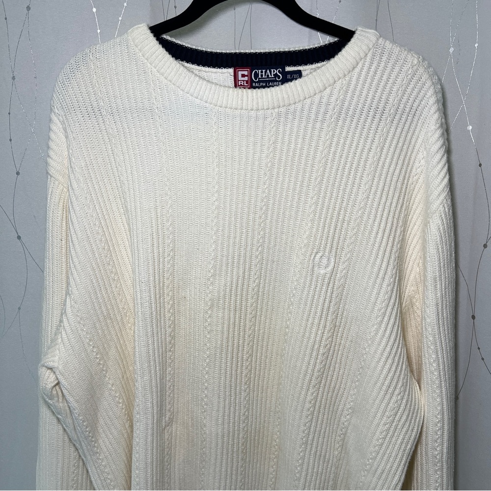 90'S Ralph Lauren CHAPS ribbed cotton knit sweater, men's size XL, vintage Ivory
